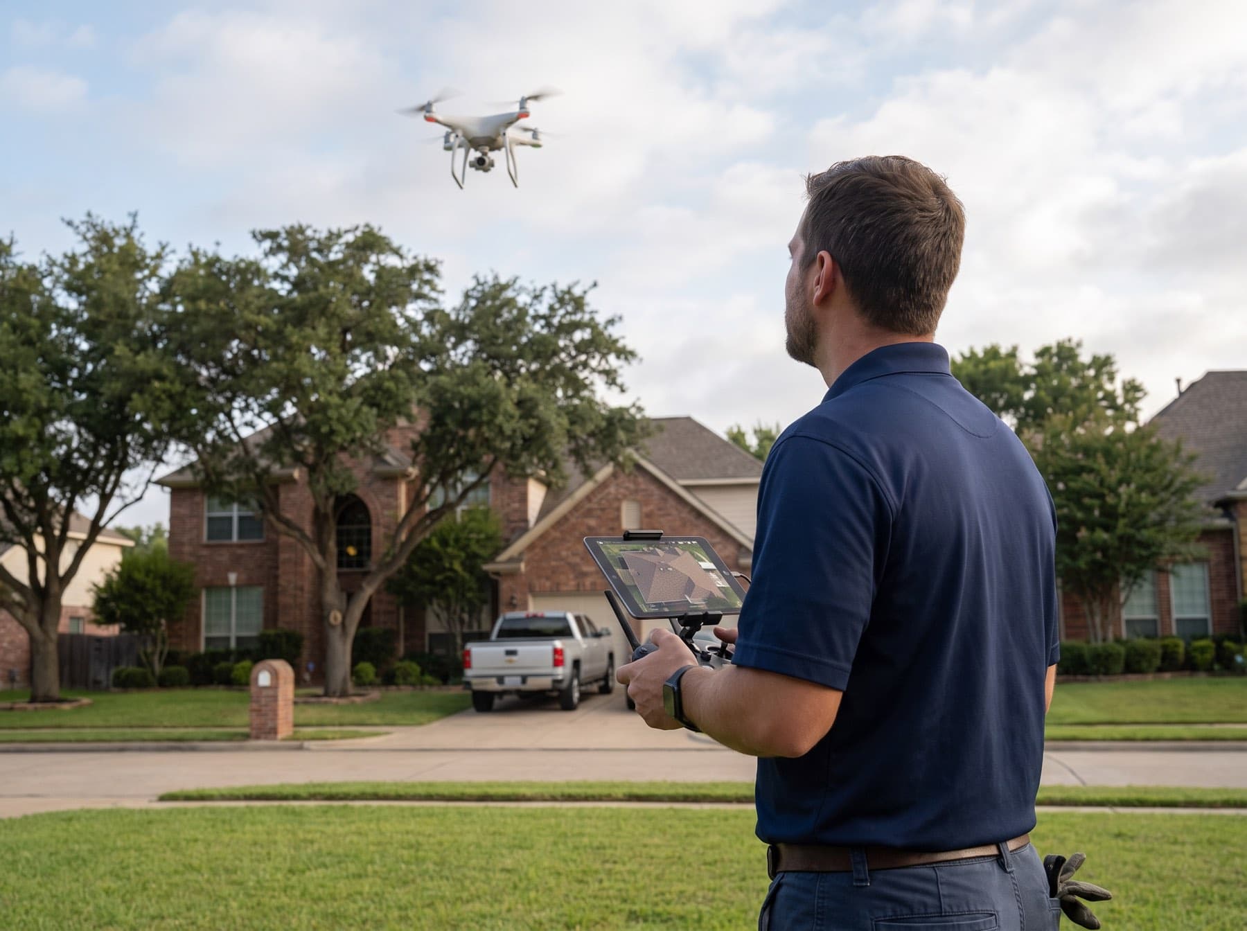 An inspector in a navy polo shirt standing on a front lawn with a drone controller, looking up at a drone above a brick home