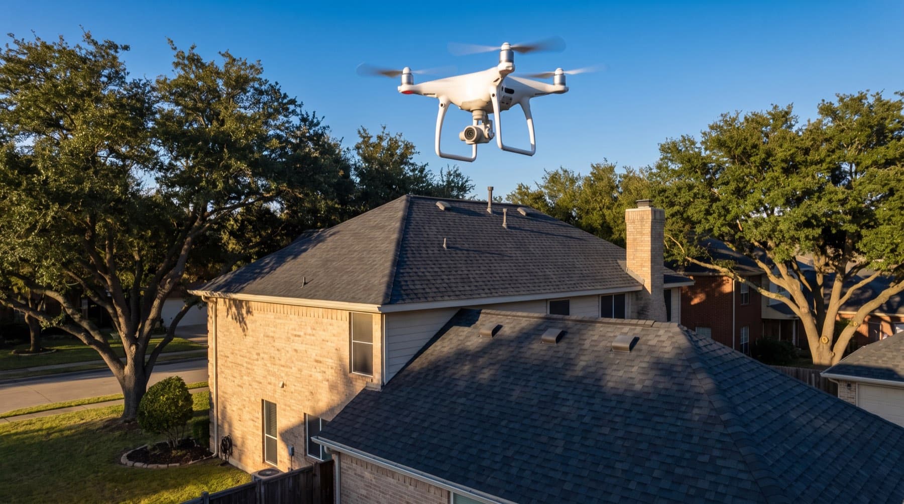 A white camera drone hovering above the gray shingle roof of a two-story tan brick home, with live oaks and a blue sky