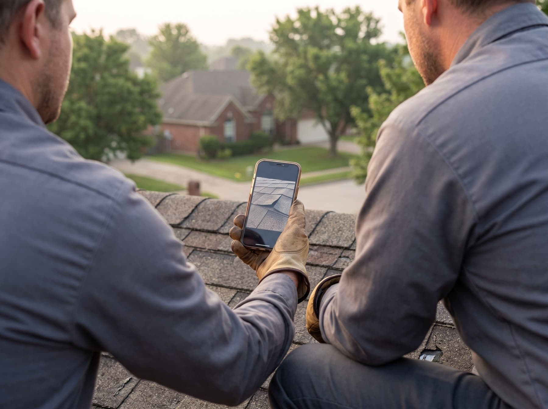 Two roofers on a roof, one holding up a phone that shows a photo of a creased shingle