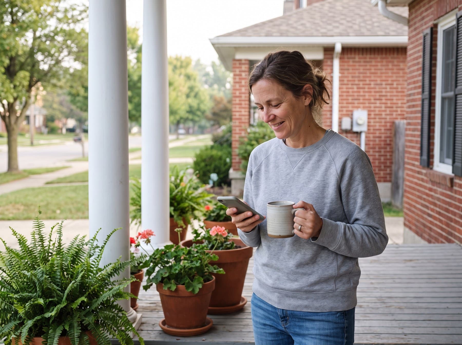 A homeowner on her front porch holding a coffee mug and smiling at her phone